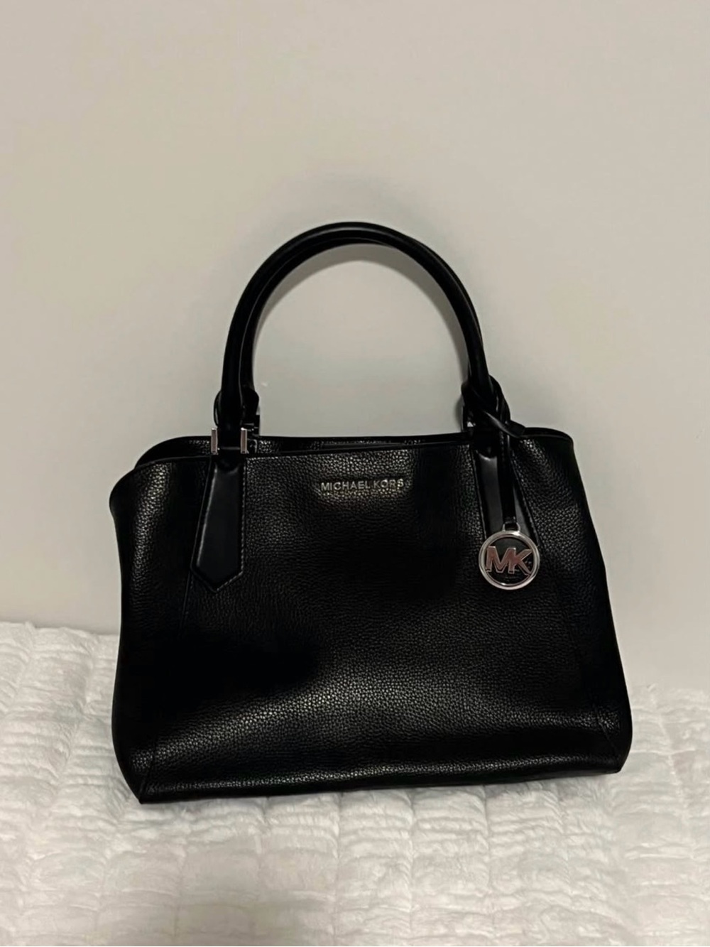 Michael Kors Black Pebbled Leather Satchel with MK Charm